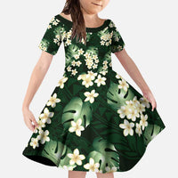 Green Tropical Hawaii Family Matching Off Shoulder Maxi Dress and Hawaiian Shirt Seamless Monstera Plumeria Hawaiian Pattern LT14 Daughter's Dress Green - Polynesian Pride