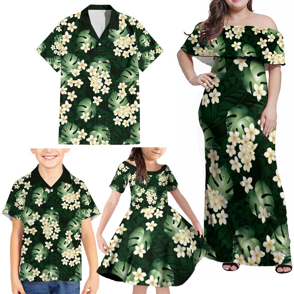 Green Tropical Hawaii Family Matching Off Shoulder Maxi Dress and Hawaiian Shirt Seamless Monstera Plumeria Hawaiian Pattern LT14 - Polynesian Pride