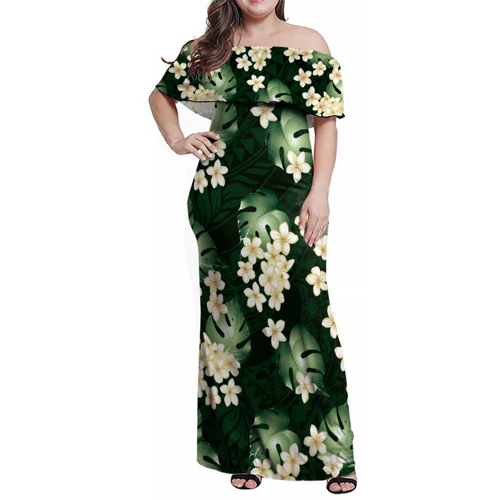 Green Tropical Hawaii Family Matching Off Shoulder Maxi Dress and Hawaiian Shirt Seamless Monstera Plumeria Hawaiian Pattern LT14 Mom's Dress Green - Polynesian Pride