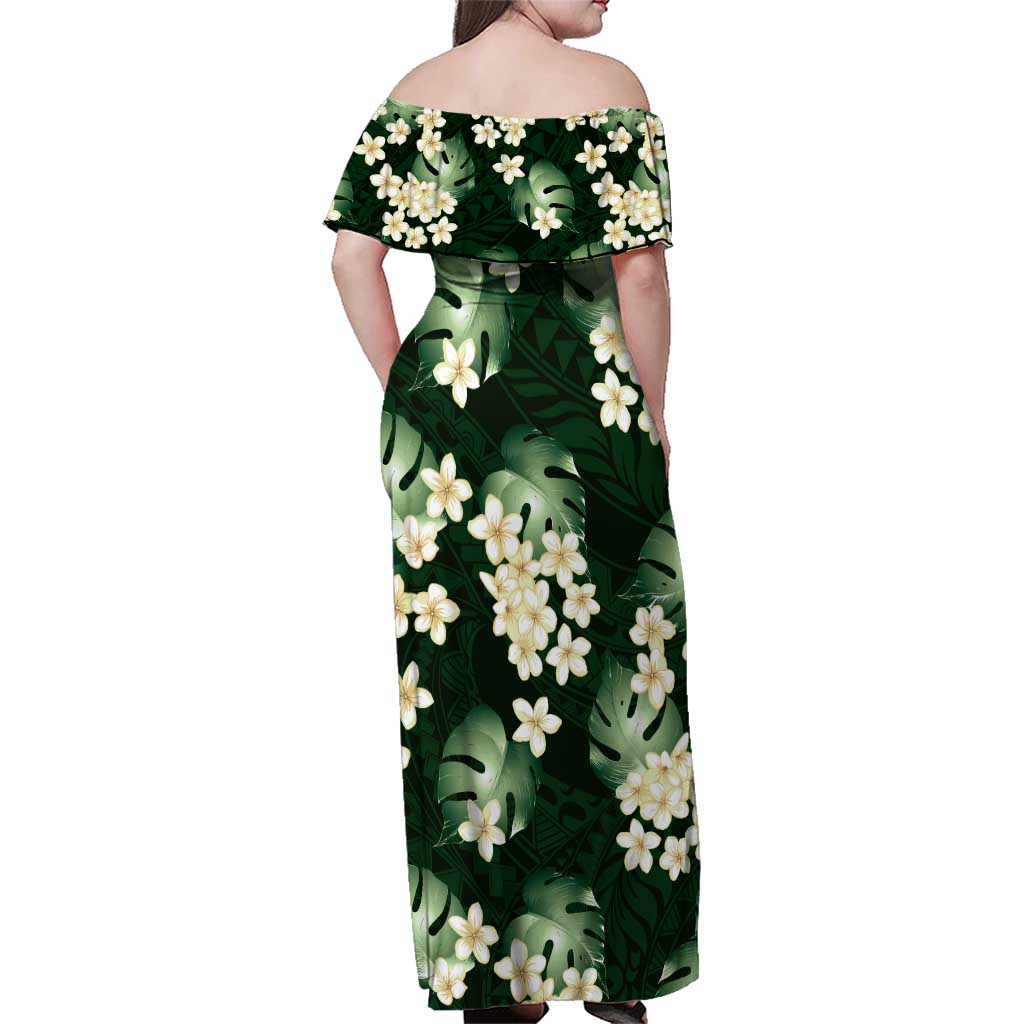 Green Tropical Hawaii Family Matching Off Shoulder Maxi Dress and Hawaiian Shirt Seamless Monstera Plumeria Hawaiian Pattern LT14 - Polynesian Pride