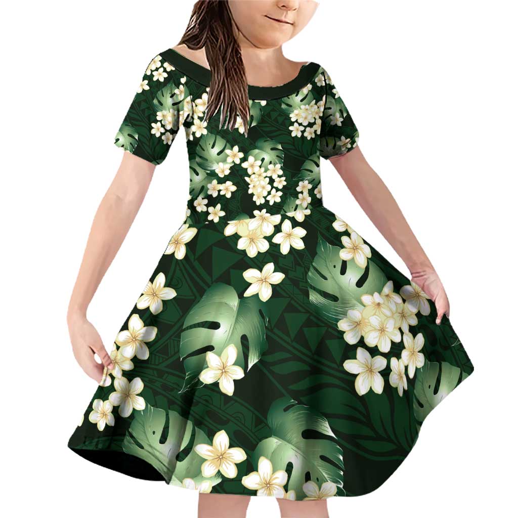Green Tropical Hawaii Family Matching Off Shoulder Short Dress and Hawaiian Shirt Seamless Monstera Plumeria Hawaiian Pattern LT14 Daughter's Dress Green - Polynesian Pride