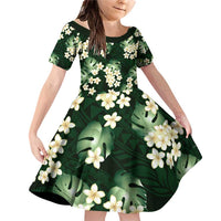 Green Tropical Hawaii Family Matching Off Shoulder Short Dress and Hawaiian Shirt Seamless Monstera Plumeria Hawaiian Pattern LT14 Daughter's Dress Green - Polynesian Pride