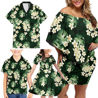 Green Tropical Hawaii Family Matching Off Shoulder Short Dress and Hawaiian Shirt Seamless Monstera Plumeria Hawaiian Pattern LT14 - Polynesian Pride