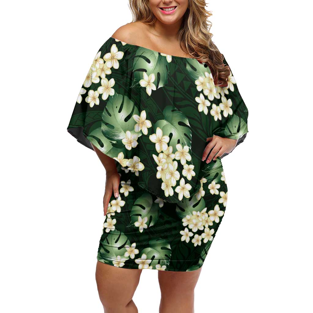 Green Tropical Hawaii Family Matching Off Shoulder Short Dress and Hawaiian Shirt Seamless Monstera Plumeria Hawaiian Pattern LT14 Mom's Dress Green - Polynesian Pride