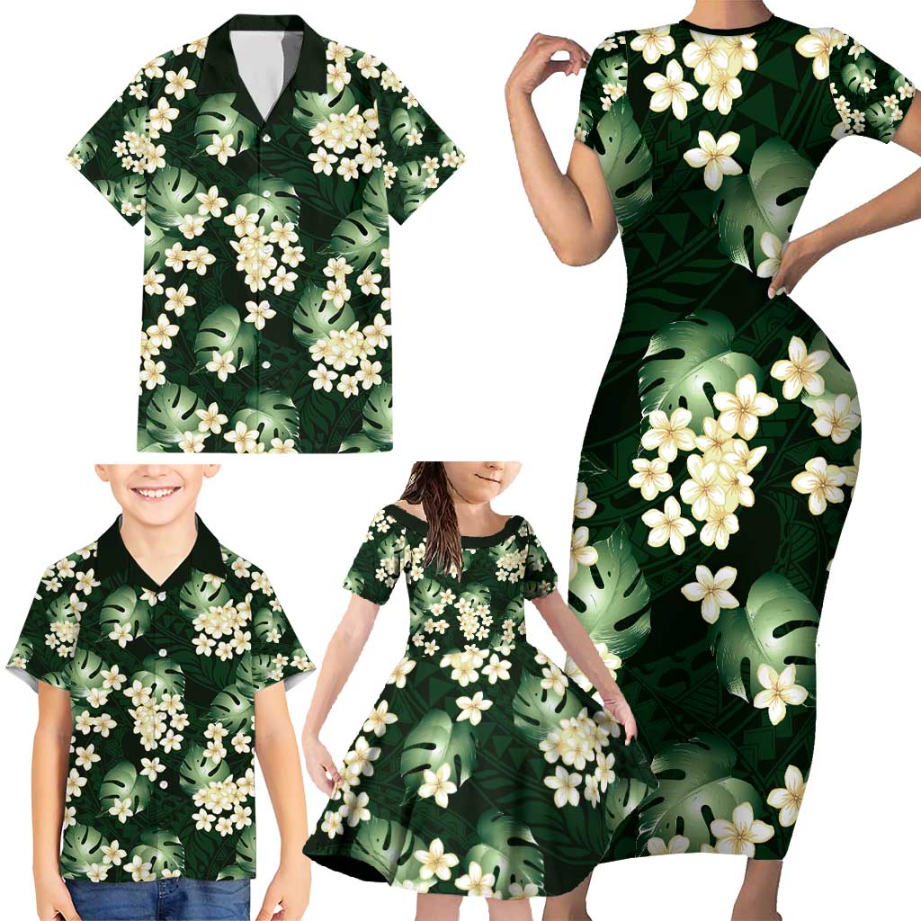 Green Tropical Hawaii Family Matching Short Sleeve Bodycon Dress and Hawaiian Shirt Seamless Monstera Plumeria Hawaiian Pattern LT14 - Polynesian Pride