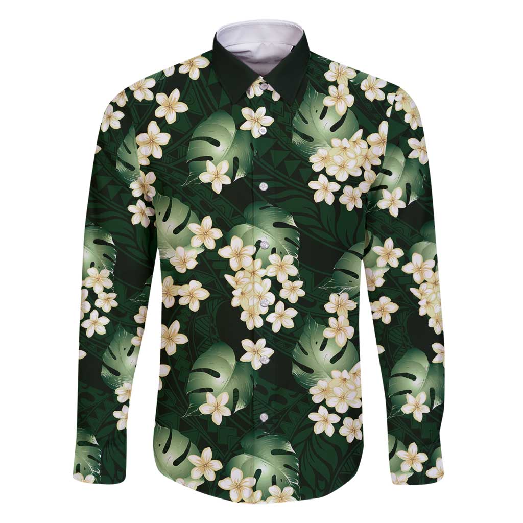 Green Tropical Hawaii Family Matching Summer Maxi Dress and Hawaiian Shirt Seamless Monstera Plumeria Hawaiian Pattern LT14 Dad's Shirt - Long Sleeve Green - Polynesian Pride