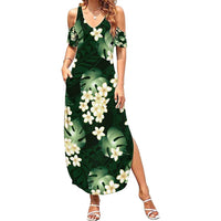 Green Tropical Hawaii Family Matching Summer Maxi Dress and Hawaiian Shirt Seamless Monstera Plumeria Hawaiian Pattern LT14 Mom's Dress Green - Polynesian Pride
