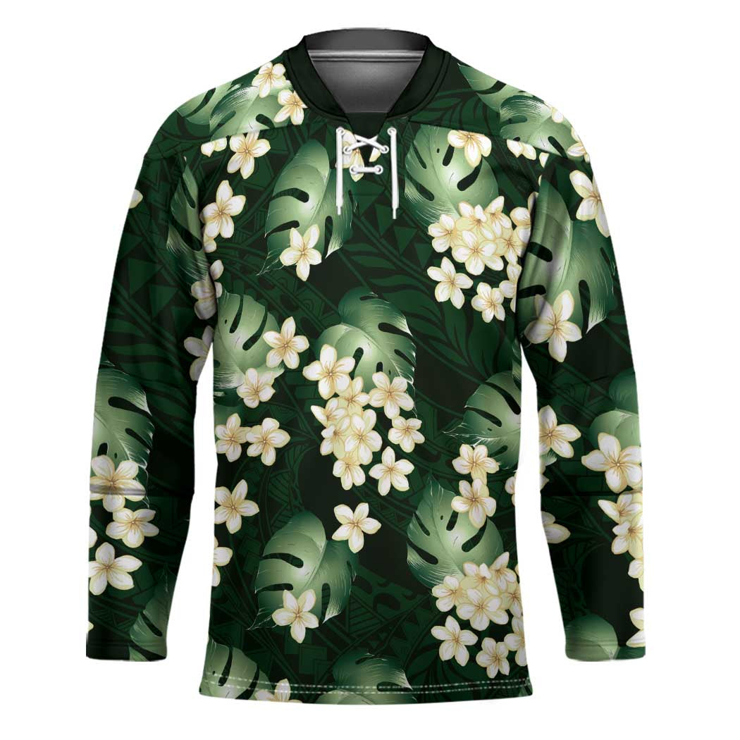 Green Tropical Hawaii Hockey Jersey Seamless Monstera Plumeria Hawaiian Pattern - Polynesian Pride
