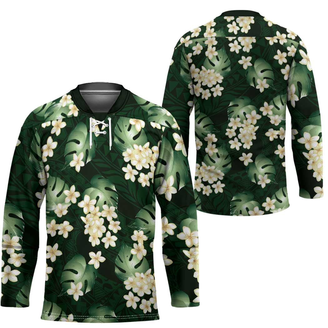 Green Tropical Hawaii Hockey Jersey Seamless Monstera Plumeria Hawaiian Pattern - Polynesian Pride