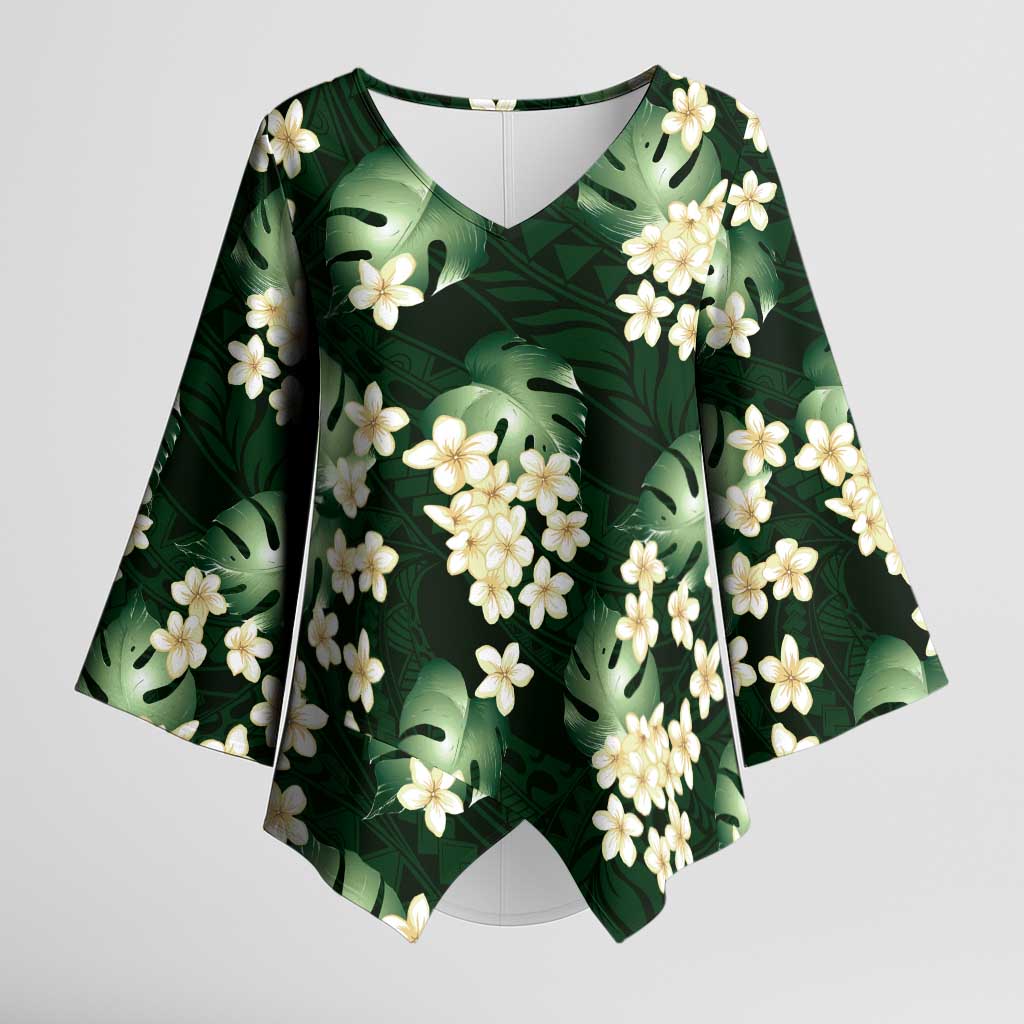 Green Tropical Hawaii Kimono Sleeve Blouse Seamless Monstera Plumeria Hawaiian Pattern - Polynesian Pride
