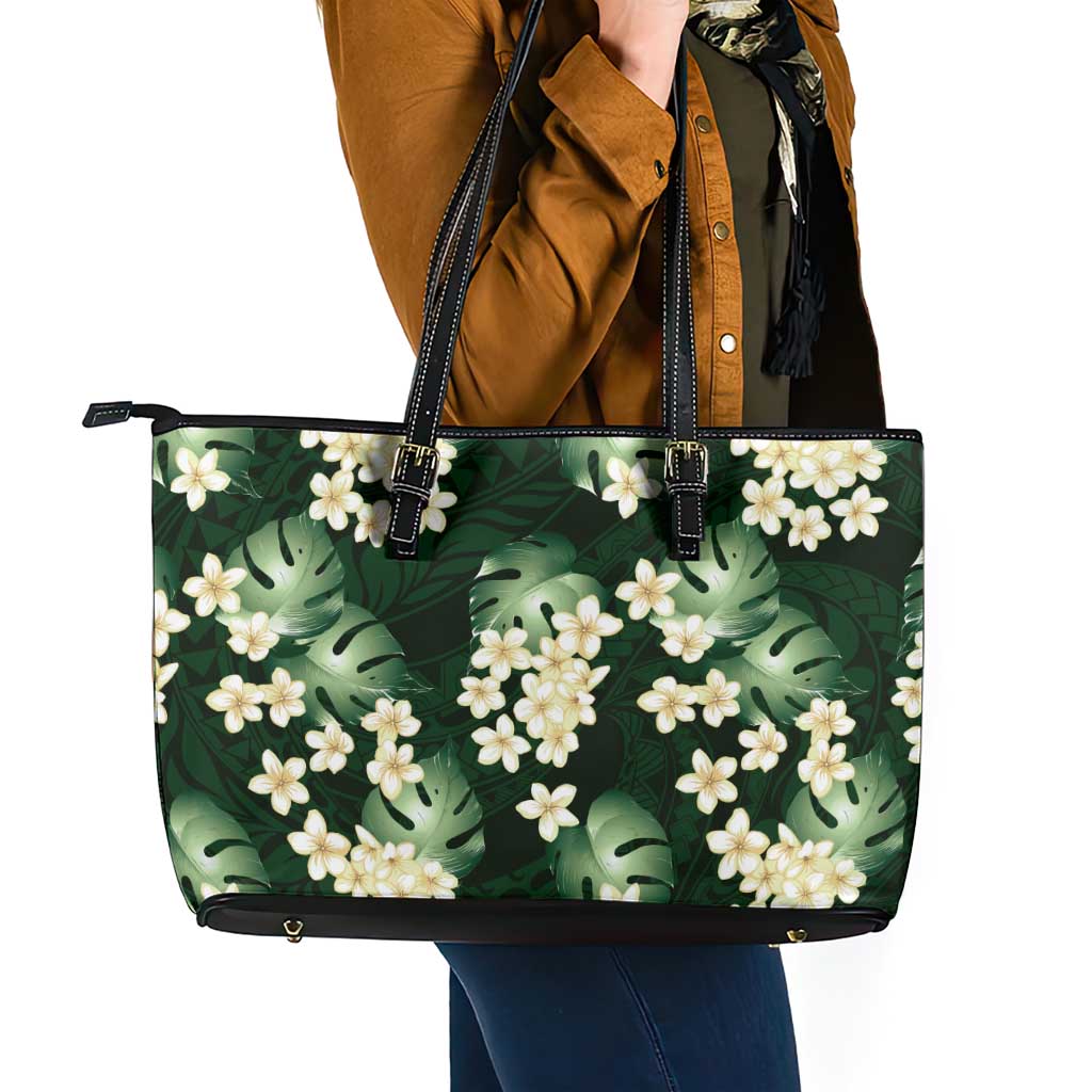 Green Tropical Hawaii Leather Tote Bag Seamless Monstera Plumeria Hawaiian Pattern - Polynesian Pride