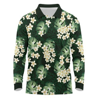 Green Tropical Hawaii Long Sleeve Polo Shirt Seamless Monstera Plumeria Hawaiian Pattern LT14 Green - Polynesian Pride
