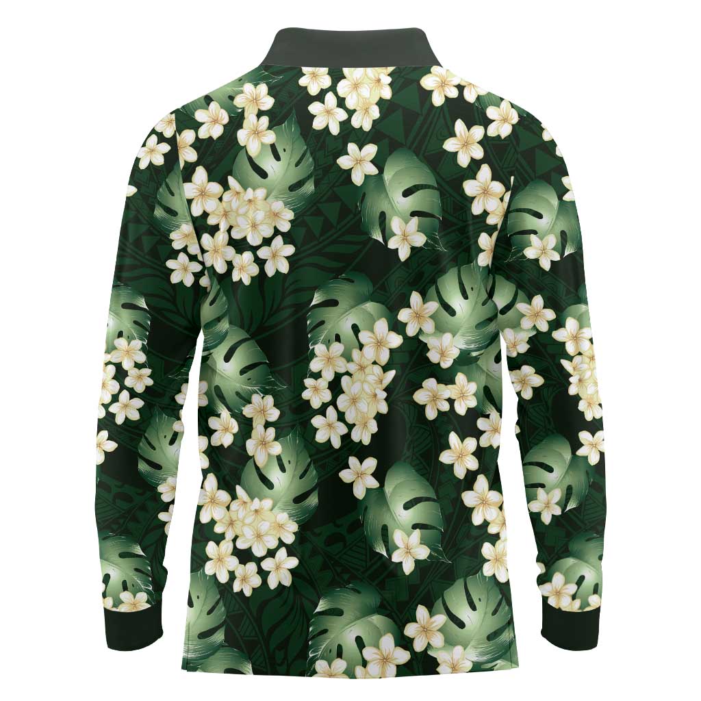 Green Tropical Hawaii Long Sleeve Polo Shirt Seamless Monstera Plumeria Hawaiian Pattern LT14 - Polynesian Pride