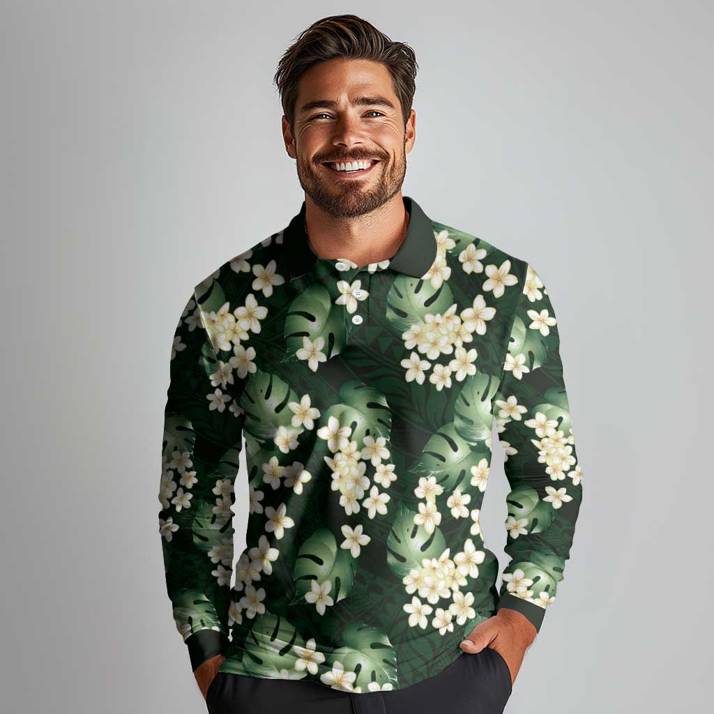 Green Tropical Hawaii Long Sleeve Polo Shirt Seamless Monstera Plumeria Hawaiian Pattern LT14 - Polynesian Pride