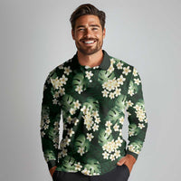 Green Tropical Hawaii Long Sleeve Polo Shirt Seamless Monstera Plumeria Hawaiian Pattern LT14 - Polynesian Pride