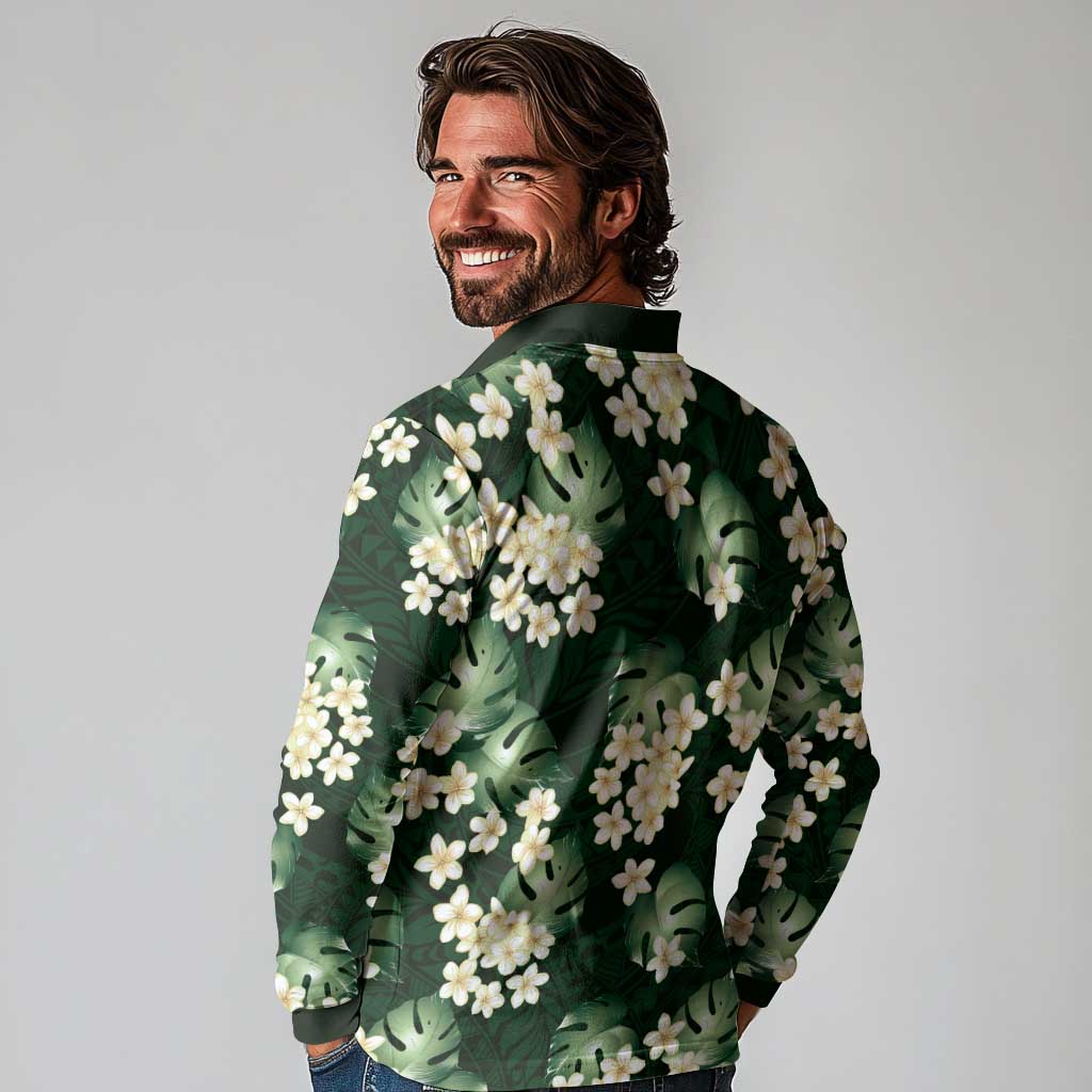 Green Tropical Hawaii Long Sleeve Polo Shirt Seamless Monstera Plumeria Hawaiian Pattern LT14 - Polynesian Pride