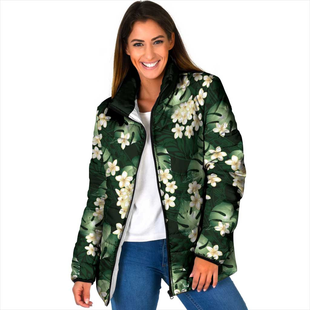 Green Tropical Hawaii Padded Jacket Seamless Monstera Plumeria Hawaiian Pattern LT14 Women Green - Polynesian Pride