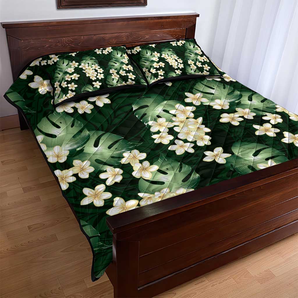Green Tropical Hawaii Quilt Bed Set Seamless Monstera Plumeria Hawaiian Pattern - Polynesian Pride