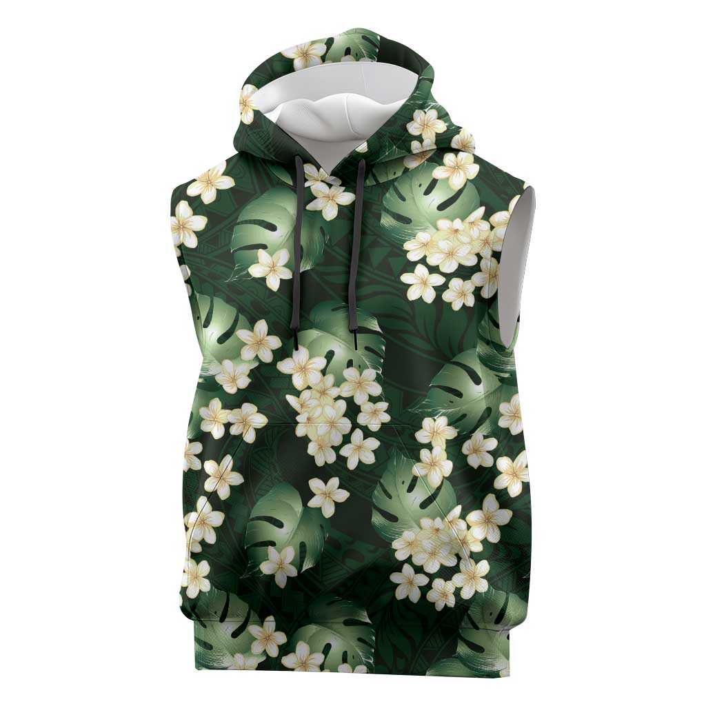 Green Tropical Hawaii Sleeveless Hoodie Seamless Monstera Plumeria Hawaiian Pattern LT14 Green - Polynesian Pride