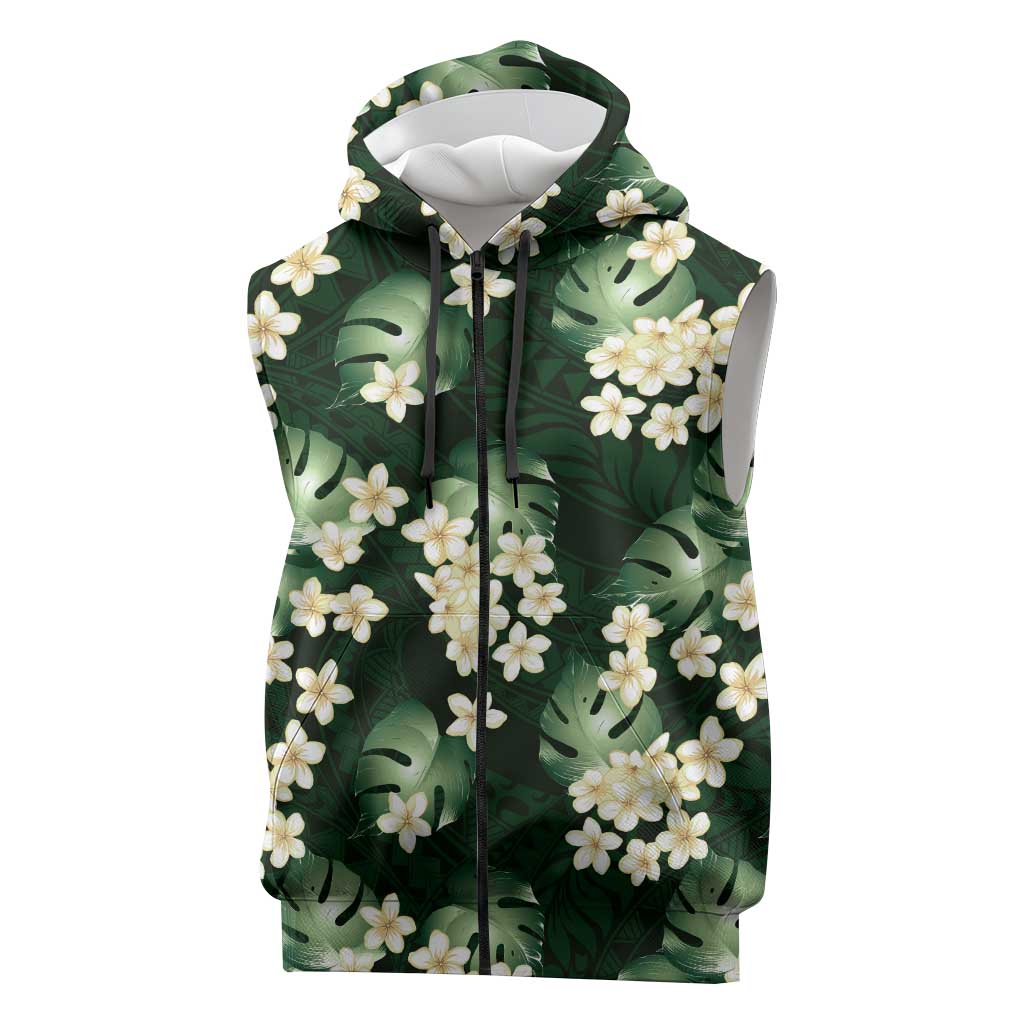 Green Tropical Hawaii Sleeveless Zip Hoodie Seamless Monstera Plumeria Hawaiian Pattern - Polynesian Pride