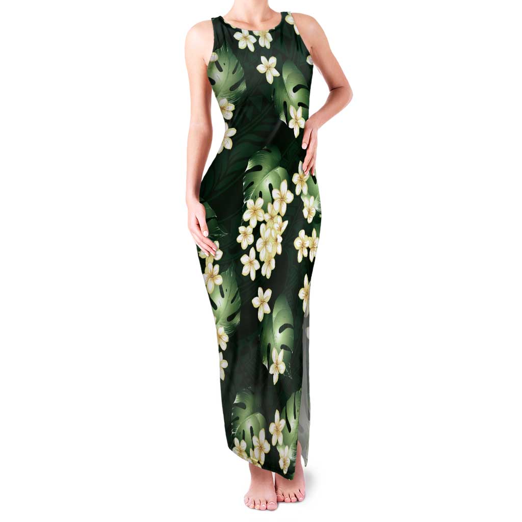 Green Tropical Hawaii Tank Maxi Dress Seamless Monstera Plumeria Hawaiian Pattern - Polynesian Pride