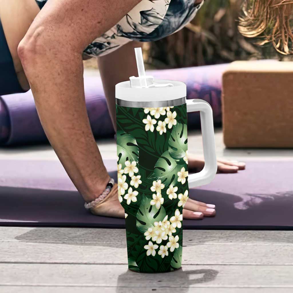Green Tropical Hawaii Tumbler With Handle Seamless Monstera Plumeria Hawaiian Pattern - Polynesian Pride