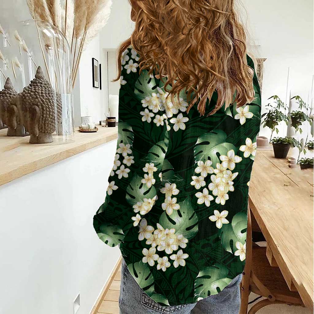 Green Tropical Hawaii Women Casual Shirt Seamless Monstera Plumeria Hawaiian Pattern - Polynesian Pride