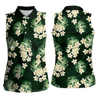 Green Tropical Hawaii Women Sleeveless Polo Shirt Seamless Monstera Plumeria Hawaiian Pattern LT14 - Polynesian Pride