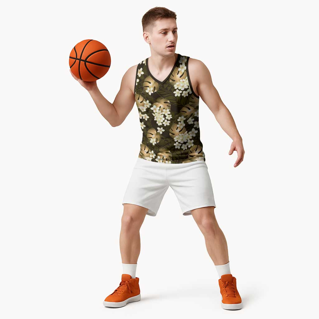 Gold Tropical Hawaii Basketball Jersey Seamless Monstera Plumeria Hawaiian Pattern - Polynesian Pride