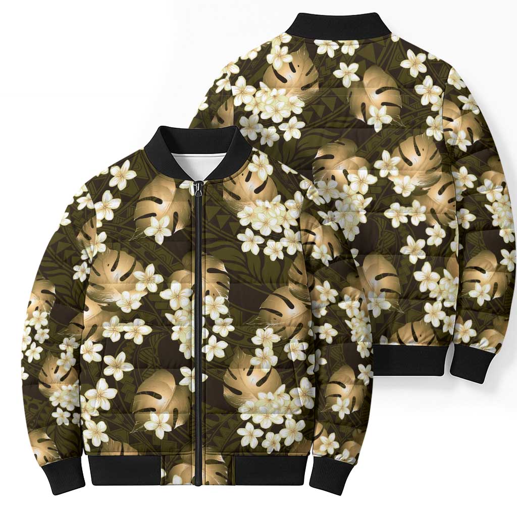 Gold Tropical Hawaii Bomber Puffer Jacket Seamless Monstera Plumeria Hawaiian Pattern - Polynesian Pride