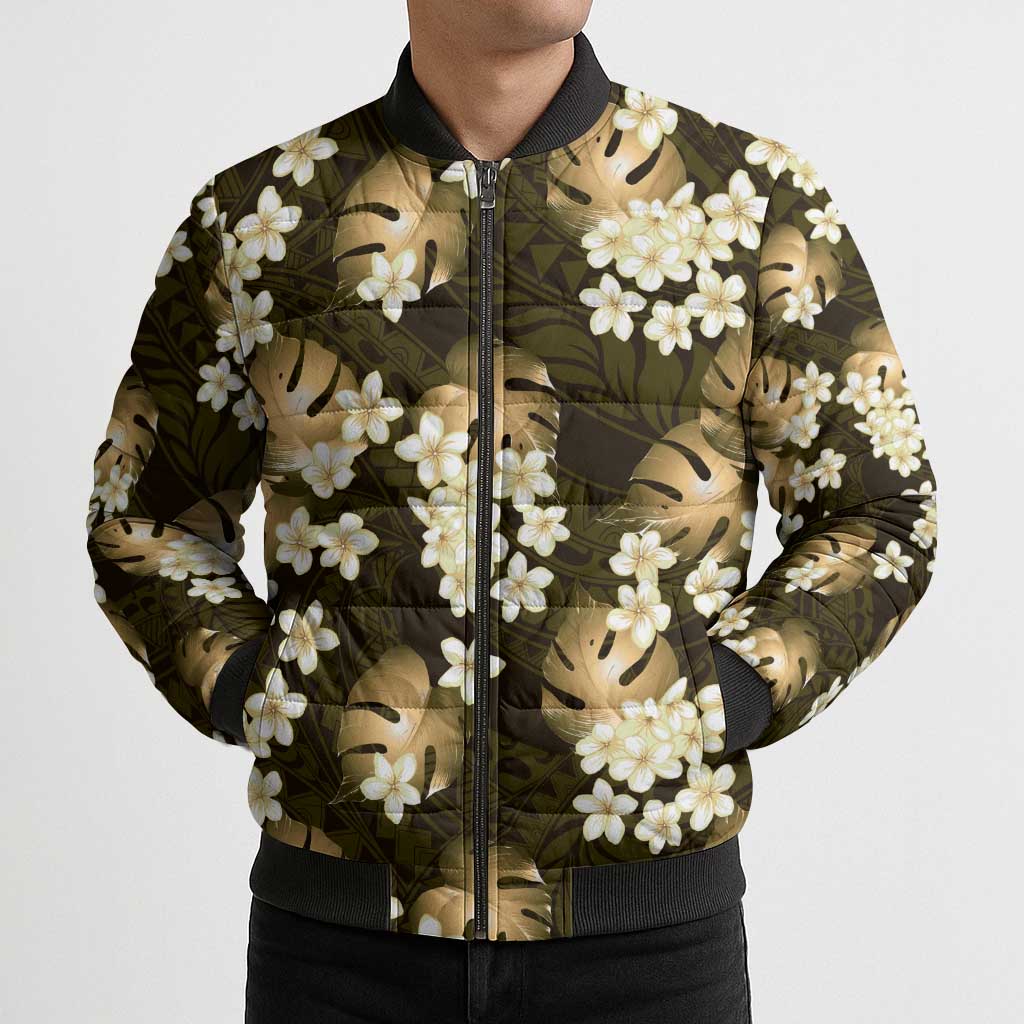 Gold Tropical Hawaii Bomber Puffer Jacket Seamless Monstera Plumeria Hawaiian Pattern - Polynesian Pride