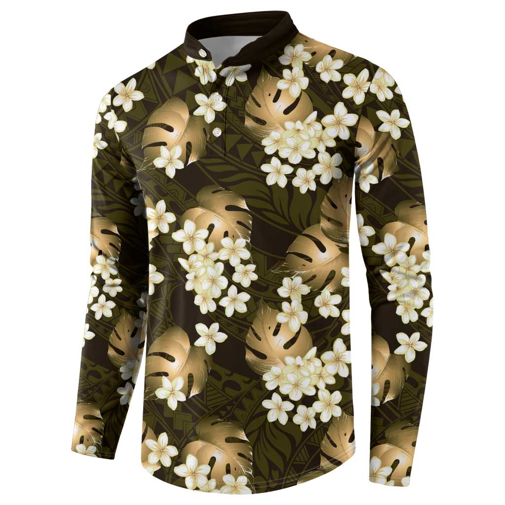 Gold Tropical Hawaii Button Sweatshirt Seamless Monstera Plumeria Hawaiian Pattern - Polynesian Pride