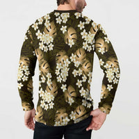 Gold Tropical Hawaii Button Sweatshirt Seamless Monstera Plumeria Hawaiian Pattern - Polynesian Pride