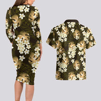 Gold Tropical Hawaii Couples Matching Long Sleeve Bodycon Dress and Hawaiian Shirt Seamless Monstera Plumeria Hawaiian Pattern LT14 - Polynesian Pride