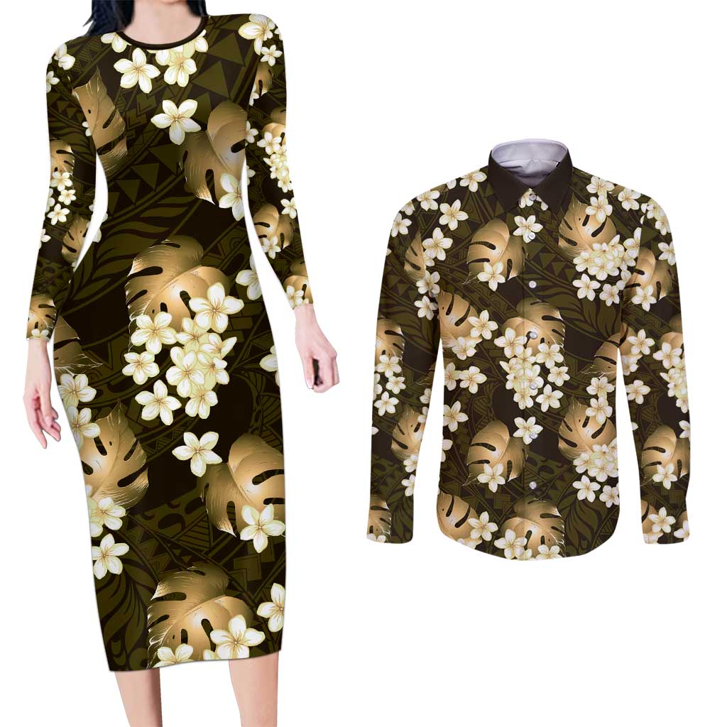 Gold Tropical Hawaii Couples Matching Long Sleeve Bodycon Dress and Long Sleeve Button Shirt Seamless Monstera Plumeria Hawaiian Pattern LT14 Gold - Polynesian Pride
