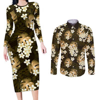 Gold Tropical Hawaii Couples Matching Long Sleeve Bodycon Dress and Long Sleeve Button Shirt Seamless Monstera Plumeria Hawaiian Pattern LT14 Gold - Polynesian Pride
