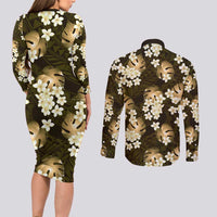 Gold Tropical Hawaii Couples Matching Long Sleeve Bodycon Dress and Long Sleeve Button Shirt Seamless Monstera Plumeria Hawaiian Pattern LT14 - Polynesian Pride