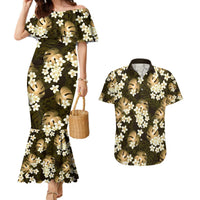 Gold Tropical Hawaii Couples Matching Mermaid Dress and Hawaiian Shirt Seamless Monstera Plumeria Hawaiian Pattern LT14 Gold - Polynesian Pride