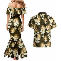 Gold Tropical Hawaii Couples Matching Mermaid Dress and Hawaiian Shirt Seamless Monstera Plumeria Hawaiian Pattern LT14 - Polynesian Pride