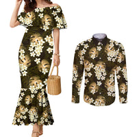 Gold Tropical Hawaii Couples Matching Mermaid Dress and Long Sleeve Button Shirt Seamless Monstera Plumeria Hawaiian Pattern LT14 Gold - Polynesian Pride