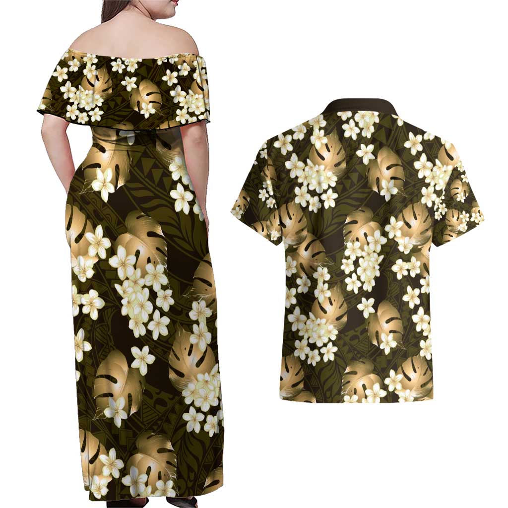 Gold Tropical Hawaii Couples Matching Off Shoulder Maxi Dress and Hawaiian Shirt Seamless Monstera Plumeria Hawaiian Pattern LT14 - Polynesian Pride