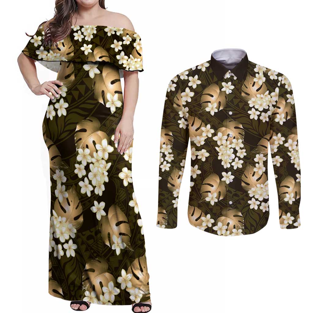 Gold Tropical Hawaii Couples Matching Off Shoulder Maxi Dress and Long Sleeve Button Shirt Seamless Monstera Plumeria Hawaiian Pattern LT14 Gold - Polynesian Pride