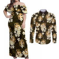 Gold Tropical Hawaii Couples Matching Off Shoulder Maxi Dress and Long Sleeve Button Shirt Seamless Monstera Plumeria Hawaiian Pattern LT14 Gold - Polynesian Pride
