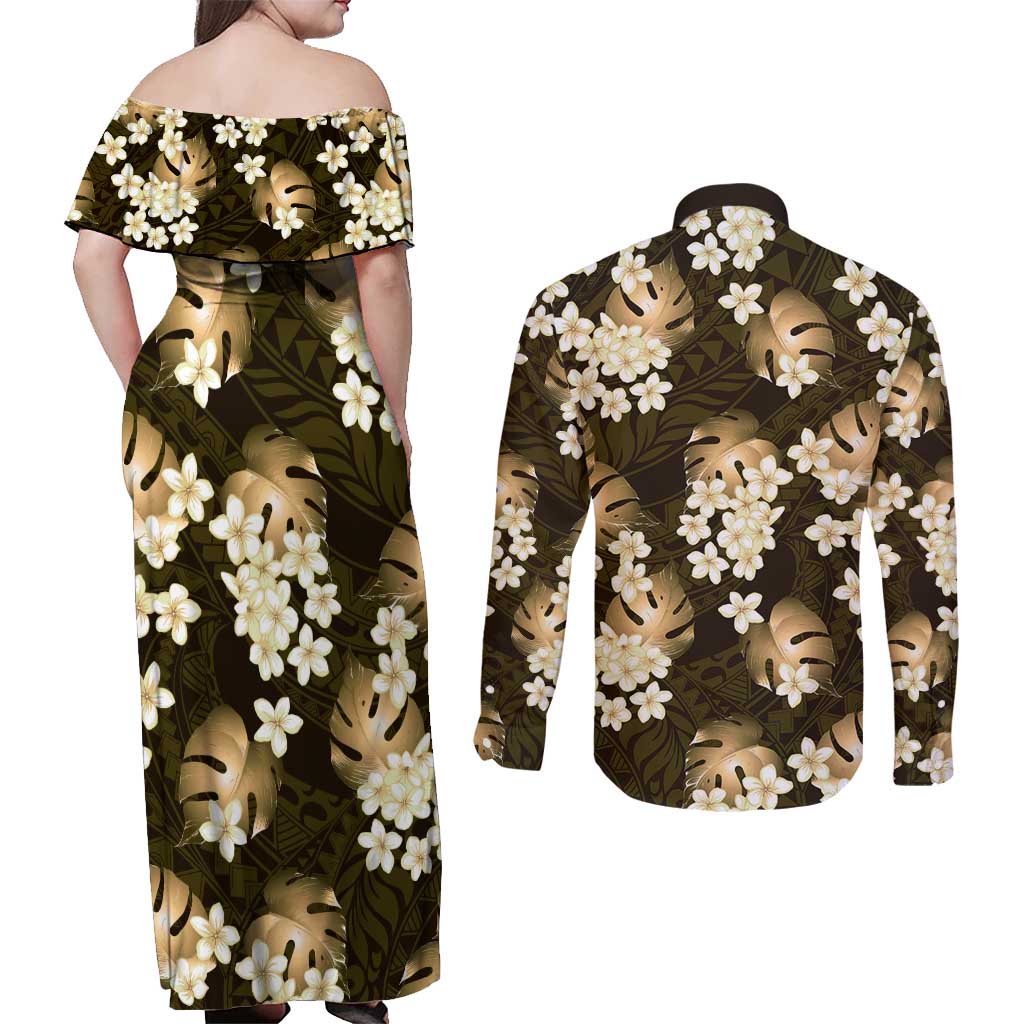 Gold Tropical Hawaii Couples Matching Off Shoulder Maxi Dress and Long Sleeve Button Shirt Seamless Monstera Plumeria Hawaiian Pattern LT14 - Polynesian Pride