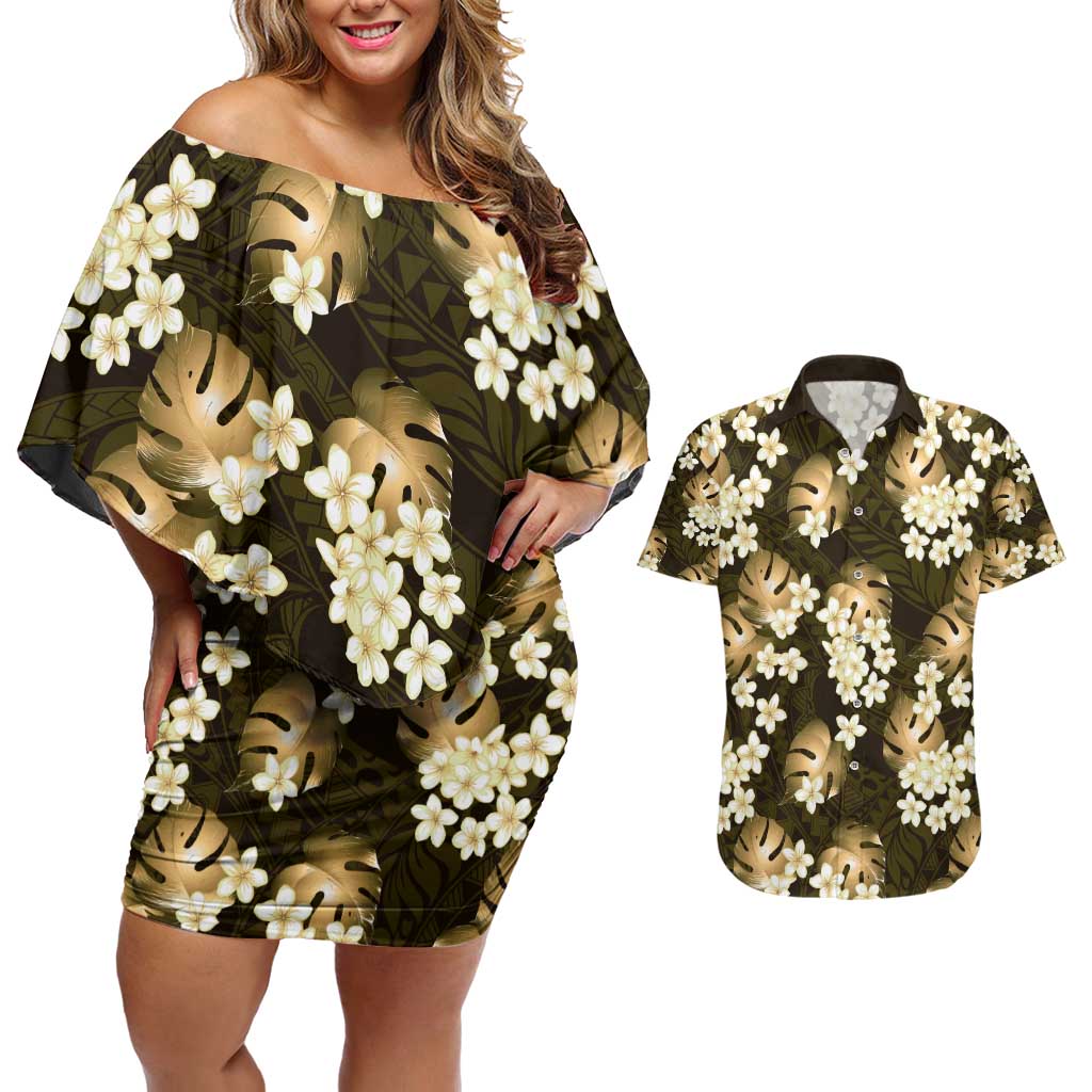 Gold Tropical Hawaii Couples Matching Off Shoulder Short Dress and Hawaiian Shirt Seamless Monstera Plumeria Hawaiian Pattern LT14 Gold - Polynesian Pride