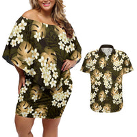 Gold Tropical Hawaii Couples Matching Off Shoulder Short Dress and Hawaiian Shirt Seamless Monstera Plumeria Hawaiian Pattern LT14 Gold - Polynesian Pride
