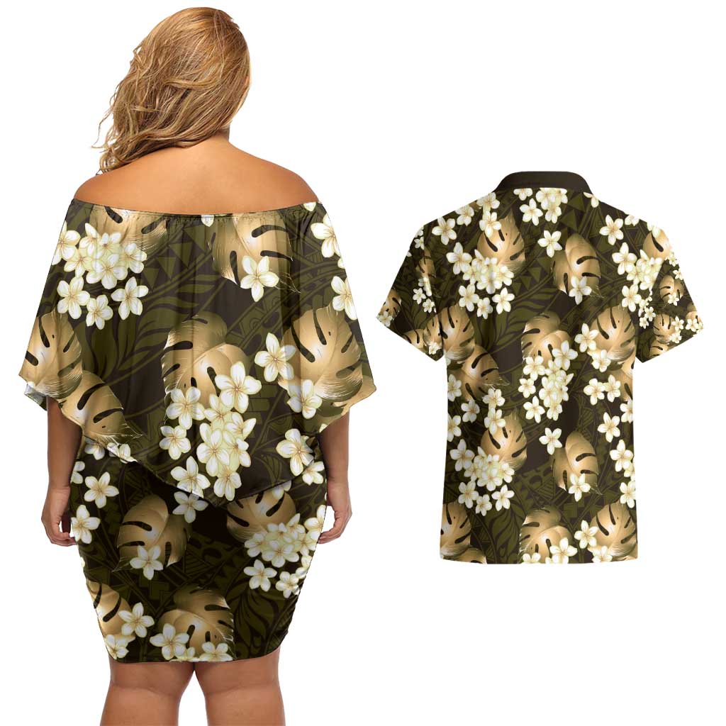 Gold Tropical Hawaii Couples Matching Off Shoulder Short Dress and Hawaiian Shirt Seamless Monstera Plumeria Hawaiian Pattern LT14 - Polynesian Pride