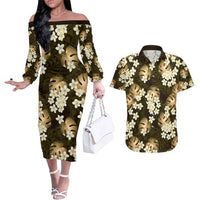 Gold Tropical Hawaii Couples Matching Off The Shoulder Long Sleeve Dress and Hawaiian Shirt Seamless Monstera Plumeria Hawaiian Pattern LT14 Gold - Polynesian Pride