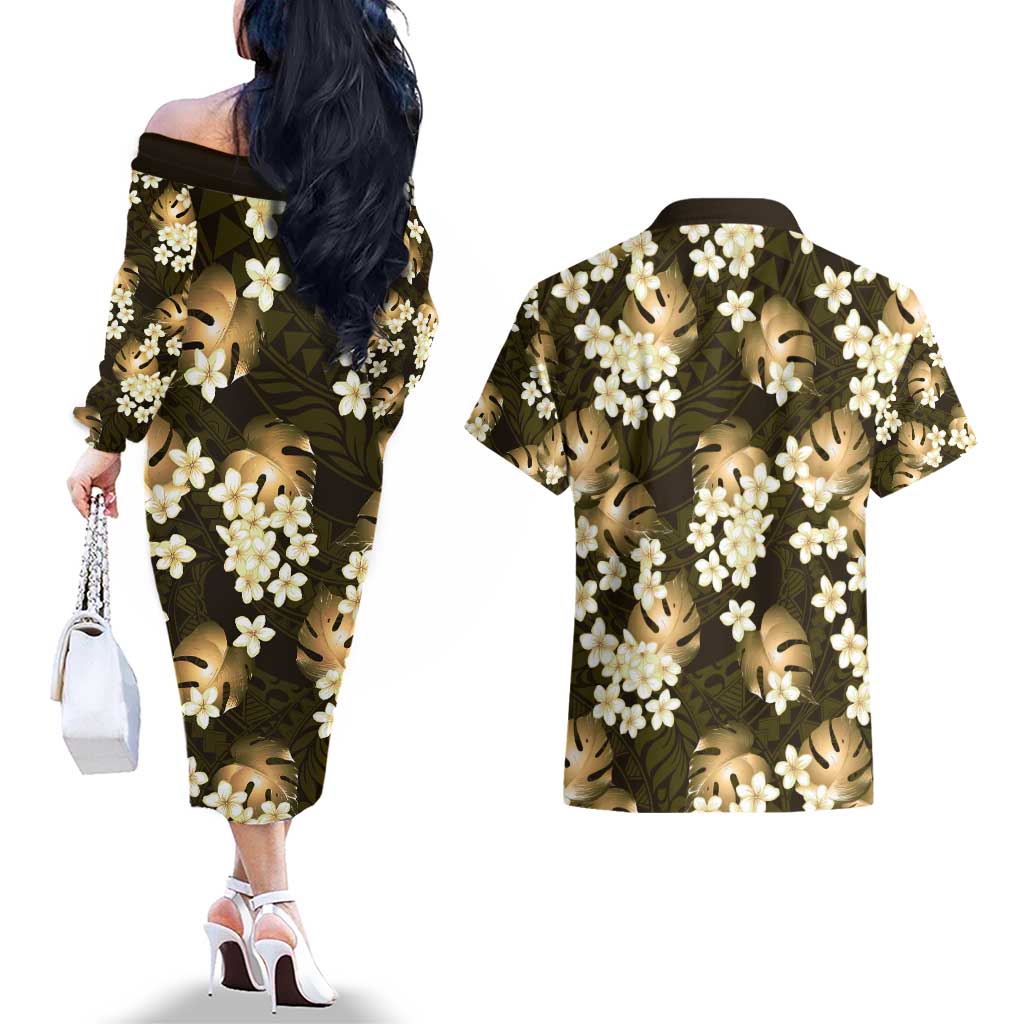 Gold Tropical Hawaii Couples Matching Off The Shoulder Long Sleeve Dress and Hawaiian Shirt Seamless Monstera Plumeria Hawaiian Pattern LT14 - Polynesian Pride