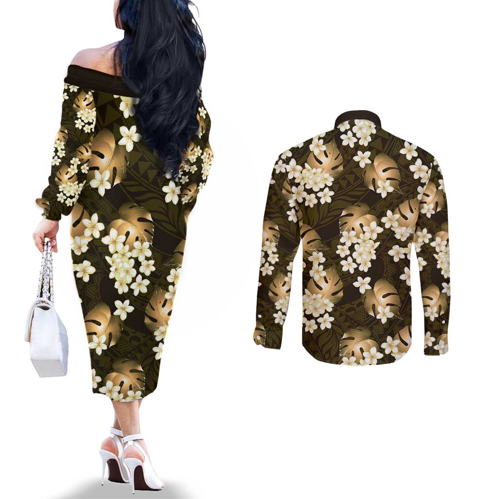 Gold Tropical Hawaii Couples Matching Off The Shoulder Long Sleeve Dress and Long Sleeve Button Shirt Seamless Monstera Plumeria Hawaiian Pattern LT14 - Polynesian Pride